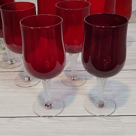 Colony Saturn Red water goblet 7 1/4" clear twisted stems 10 pieces - Picture 8 of 9